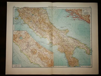 DOUBLE-PAGE MAP-CENTRAL ITALY, PAGE 127-128, ANDREE GREAT WORLD ATLAS- 1914 - Image 1 of 2