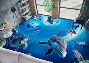 3D Blau Delphin H1279 Fußboden Wandbild Fototapete Tapete Familie Honey 2023 - Picture 1 of 5