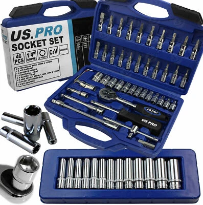 US PRO Sockets & DEEP Socket Set 1/4" Drive Tool Set With Ratchet Torx Hex UJ PZ