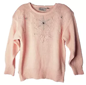 Andene Women’s Sweater LARGE Pink Rhinestone Pearl Beads Vintage 80's Barbie - Foto 1 di 11
