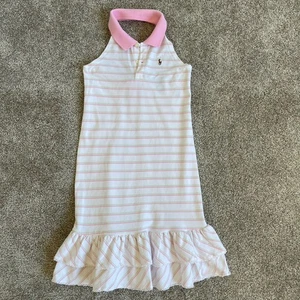 POLO Ralph Lauren Girls Halter Dress Striped Ruffle Hem Pink White L 12/14 - Picture 1 of 9