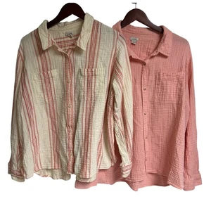 2er Set LL Bean Damen 3X Plus Crinkle Gaze Langarm Button Down 100% Baumwolle - Bild 1 von 11
