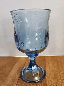 VTG Anchor Hocking Savannah Blue Water Goblet Embossed Raised Rose  - Picture 1 of 4
