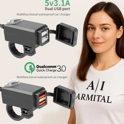 Caricatore USB 12V Moto con Porta QC3.0 Impermeabile Ricarica Rapida Telefono - Immagine 1 di 4