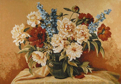 WALL JACQUARD WOVEN TAPESTRY Red & Cream Peonies EUROPEAN FLORAL DECOR PICTURE - Image 1 of 2