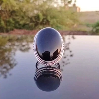 Gradevole Onice Nera Gemma 925 Argento Sterling Mano Anello Tutte le Misure H-7 - Immagine 1 di 4