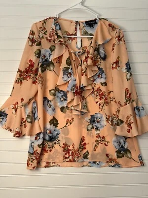 Blusa para mujer My Michelle L floral melocotón con cordones volantes manga campana fluida boho Foto 1 de 4