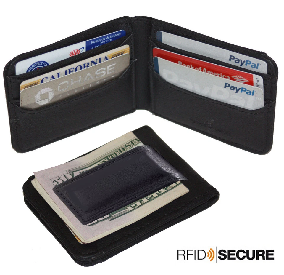 RFID Blocking Black Leather Mens Bifold Money Clip Wallet ID Badge Holder