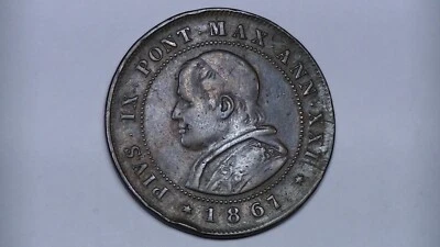 1867 VATICAN PAPAL STATES ITALY 2 SOLDI ANTIQUE COPPER COIN POPE PIUS IX KM 1373 - Image 1 of 4