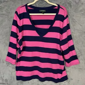 Lauren Ralph Lauren Sweater Women Size 3X Pink Black Stripe V Neck 3/4 Sleeve - Picture 1 of 12