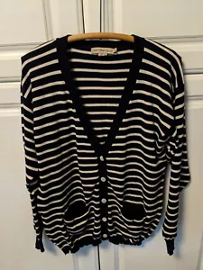 CALVIN KLEIN SWEATER Women Size M Blue White Striped 100% cotton Button front - Picture 1 of 3