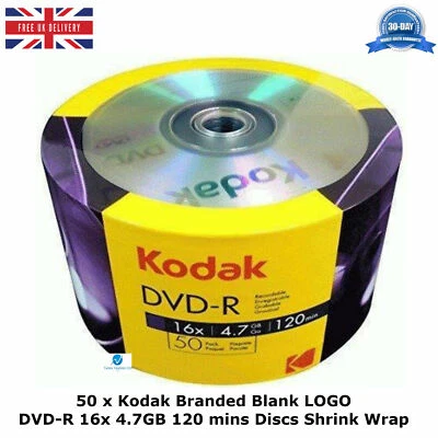 50 x Kodak Branded Blank LOGO DVD-R 16x Speed 4.7GB 120min Discs in Shrink Wrap - Image 1 of 4