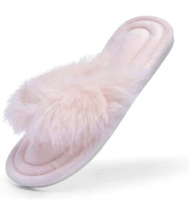 Women's Fuzzy Flip Flop Slippers Memory Foam OpenToe Soft Faux Size (5-6) Small - Picture 1 of 6