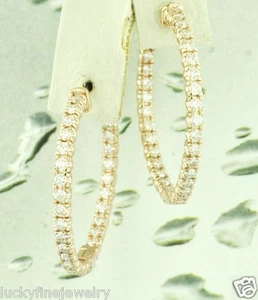 14k Solid Rose Gold Natural Diamond Earring Hoop Earrings inside outside 2.50ct - Picture 1 of 7