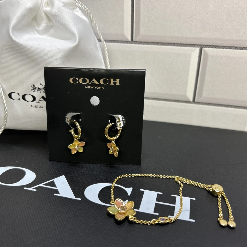 Juego de pulsera deslizante y pendientes Huggie transparentes de flores silvestres COACH Foto 1 de 4