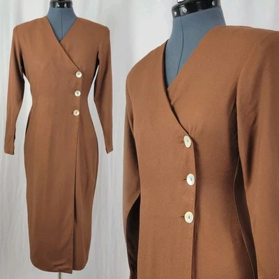 复古 CDC 小号棕色纽扣裹身连衣裙直裙 XS/S 码? — 第 1/4 张图片