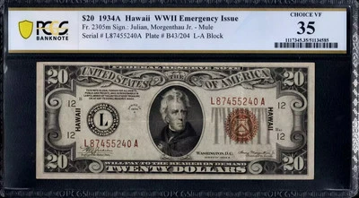 $20 1934-A FRN, Fr. 2305 HAWAII LATE FINISHED BACK PLATE 204 WWII PCGS Ch VF 35 - Image 1 of 2