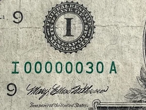 1993 $1 Note/Dollar Bill - INSANELY LOW BINARY SERIAL NUMBER!!! - I 00000030 A - Picture 1 of 5