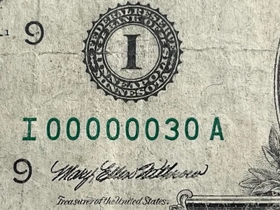 1993 $1 Note/Dollar Bill - INSANELY LOW BINARY SERIAL NUMBER!!! - I 00000030 A - Image 1 of 4