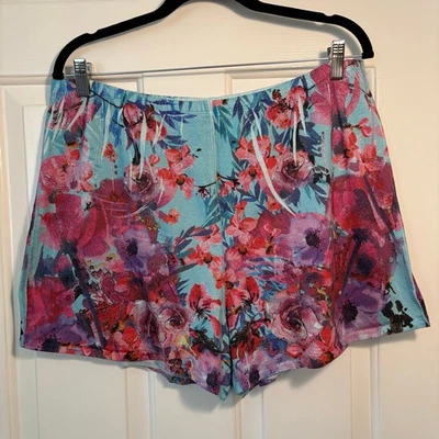 OneWorld Sleep Pajama Shorts XL Aqua Floral Print Lounge Elastic Waist - Image 1 of 4