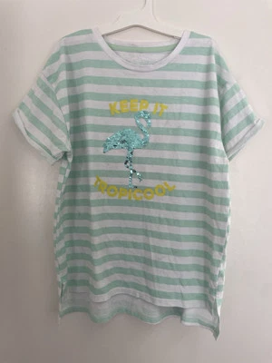 Arizona Jean Co Kid Girls Flip-Sequin Flamingo Striped Cotton T-Shirt Mint XL 16 - Image 1 of 4