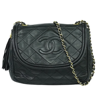 CHANEL CC Matelasse Leather Tassel Chain Shoulder Bag Black Gold - Image 1 of 4
