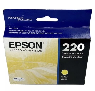 Genuine EPSON 220 Yellow T220420 Ink Cartridge EXP 2022- NEW IN BOX - Image 1 of 3