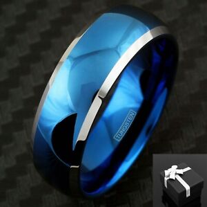 8mm Tungsten Carbide Men's Blue Domed with Beveled Silver Edge Wedding Band Ring