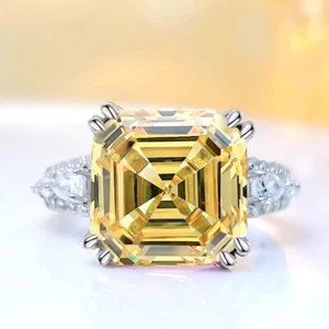 New 10mm Square Asscher Cut Yellow Citrine Gemstone Fashion Women Silver Ring - Picture 1 of 8