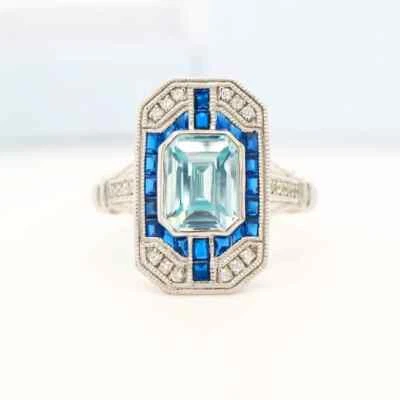 Gorgeous Art Deco Style Aquamarine, Blue Sapphire & White Cubic Zirconia Ring - Image 1 of 4