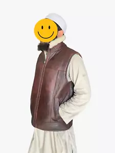 Men's Cognac Sheepskin Leather & Real Shearling Fur Gilet Vest Jacket XXS - 6XL - Picture 1 of 6