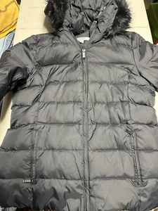 Women Jacket DKNY High-Shine Faux Fur Trim Hooded Puffer Coat L Black - Picture 1 of 9