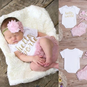 Newborn Outfit Baby Girl Outfit Letter Romper Top+Lace Shorts+Headband Set - Picture 1 of 9