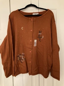 Vintage Cat Kitty Cardigan Women’s 2XL Sweater Button Down Burnt Orange NWT - Picture 1 of 8