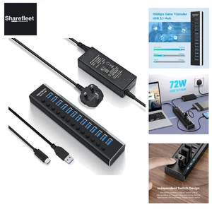 USB Hub 3.2 Aktiv mit Netzteil 72W 12V/6A, 2-in-1 Datenkabel Typ-C&Typ A und ... - Bild 1 von 9