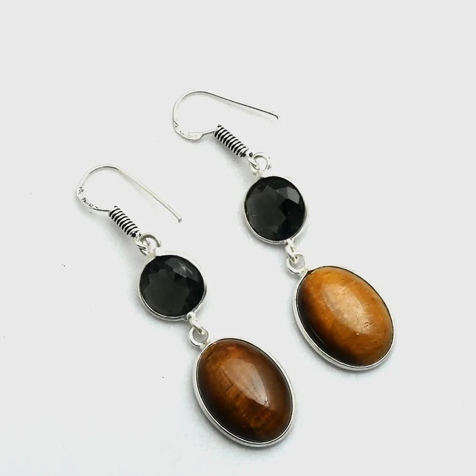 Pendientes colgantes hechos a mano de piedras preciosas de iolita ojo de tigre joyería regalo 2" AE-11695 Foto 1 de 1