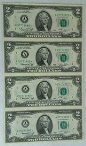 1976 UNCUT SHEET OF 4 $2 TWO DOLLAR STAR  NOTES Boston A00733885* - Picture 1 of 3