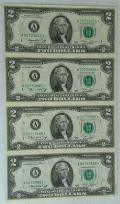 1976 UNCUT SHEET OF 4 $2 TWO DOLLAR STAR  NOTES Boston A00733885* - Image 1 of 3