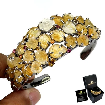 Brazalete de plata de ley 925 hecho a mano talla de hojas citrino 58ct joyas de piedras preciosas Foto 1 de 4