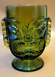 Barra Luau Hawaiana TIKI Vintage Cáliz de Vidrio Verde Pesado 6" Dos Caras Feliz Triste - Imagen 1 de 8