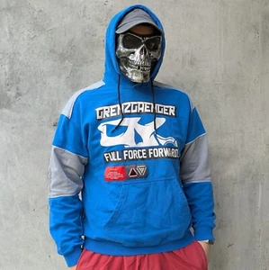 GRENZGAENGER Men's Bright Loose Blue MTB Hoodie With Large Skull Logos Size L - Picture 1 of 23