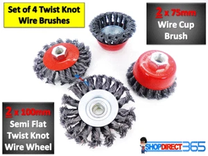 4 PIECE TWIST KNOT WIRE WHEEL CUP BRUSH SET KIT FOR 115mm ANGLE GRINDER NEW UK - Picture 1 of 3