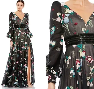Mac Duggal NWT Embroidered Bishop Sleeve V Neck Flowy Gown Women’s 6 79361 - Picture 1 of 20
