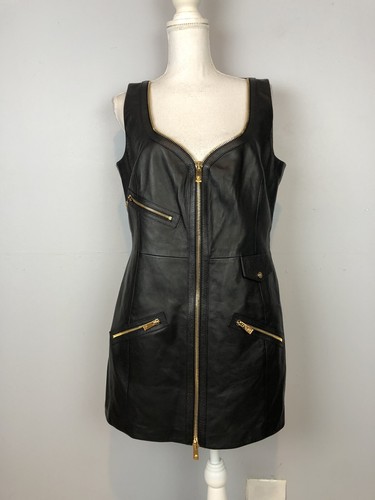 Mini abito nero senza maniche in pelle VERSACE con cerniera taglia 48 prezzo al dettaglio al dettaglio $4025