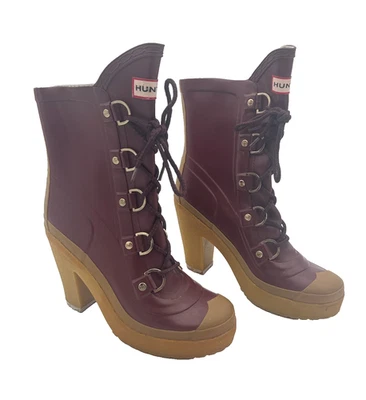 Hunter Original "Gabby" Tacón Con Cordones Goma Botas de Lluvia Marrón Talla 7 EE. UU. 5 UK Foto 1 de 4