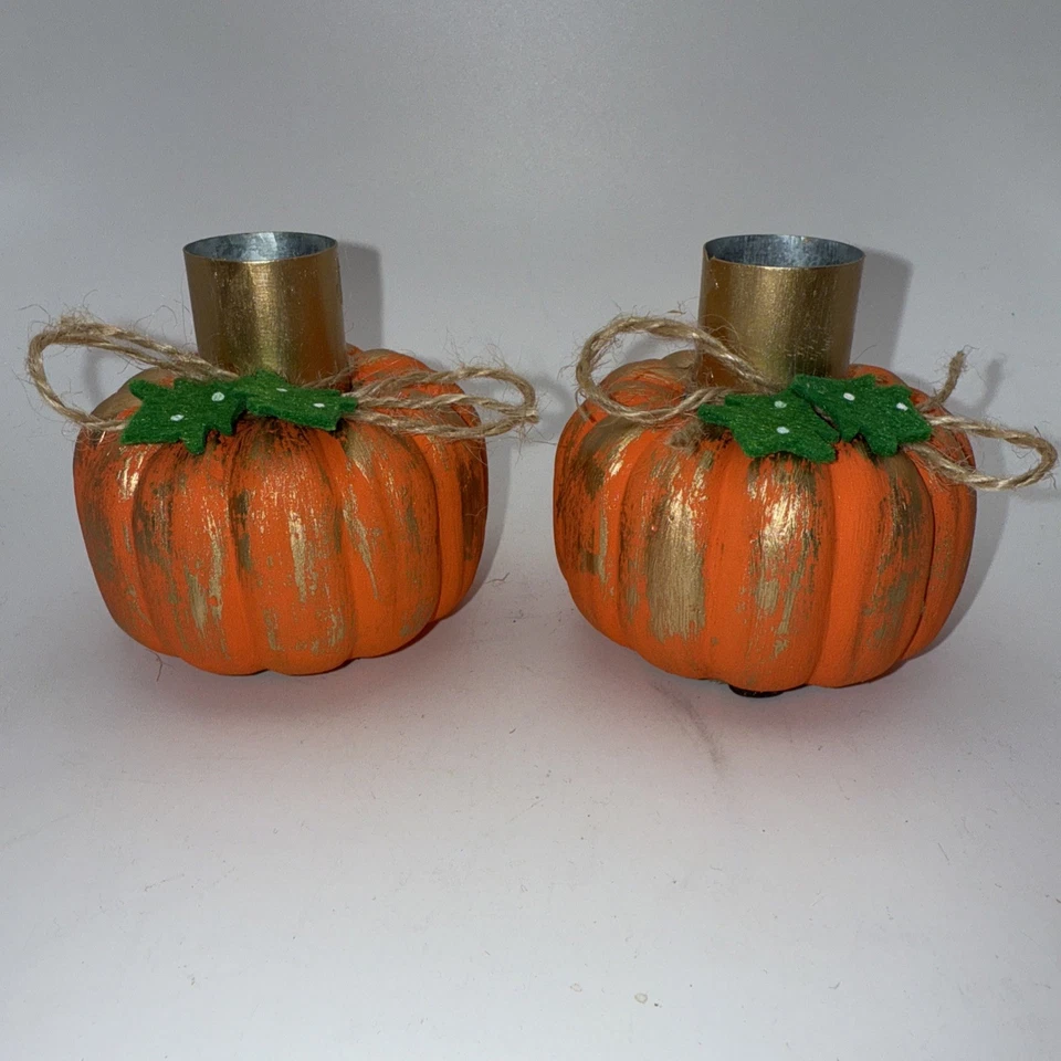 Mudpie Painted Concrete Pumpkin Taper Candle Holder Set Of 2  3”Hx 3”W - Image 1 of 4