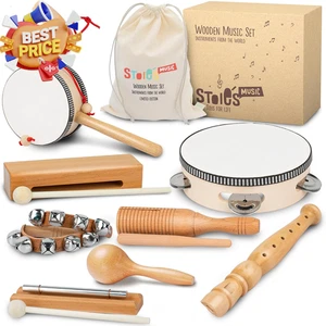 Wooden Kids Musical Instruments 1-9 Years Old Drum Bells Flute Maracas Tamburine - Picture 1 of 12