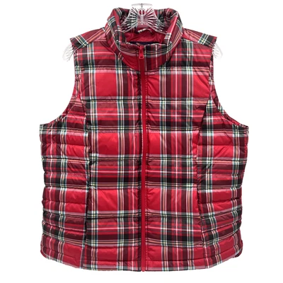 LANDS END Women's L (14-16) Red Tartan Plaid Full-Zip Quilted Down Puffer Vest - Image 1 of 4
