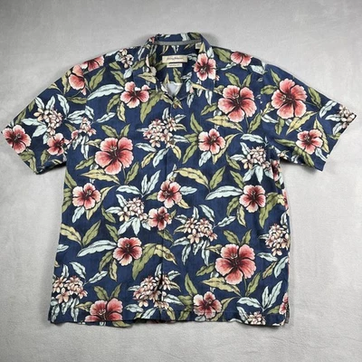 Tommy Bahama 衬衫男式特大号蓝色丝绸花卉夏威夷露营休闲夏季 — 第 1/4 张图片