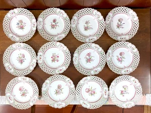 Set of 12 Antique Meissen Reticulated Plates, pink Floral, Openwork Board, 1815. - Picture 1 of 10